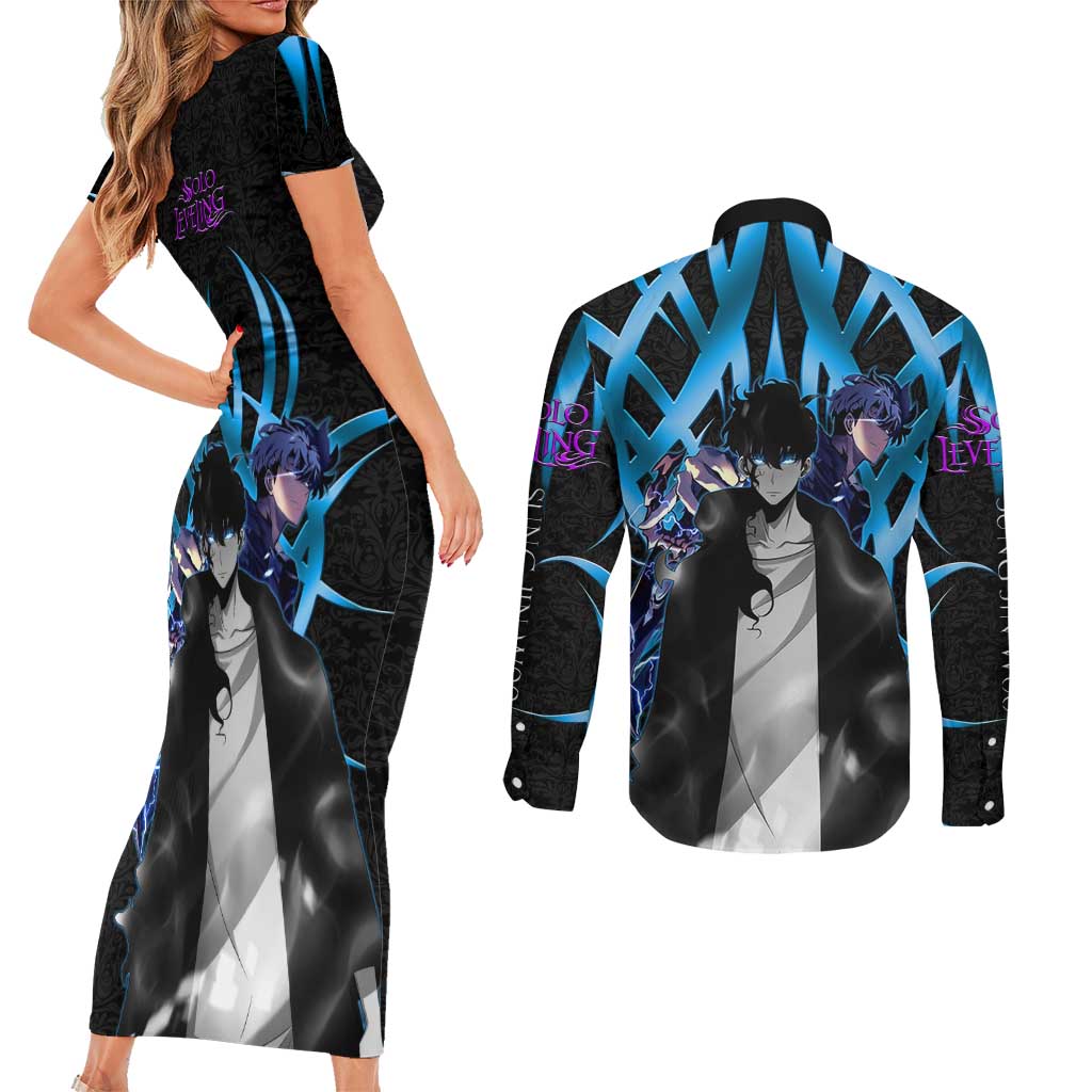 Sung Jin Woo Solo Leveling Couples Matching Short Sleeve Bodycon Dress and Long Sleeve Button Shirt Neon Shadowcore Anime Style