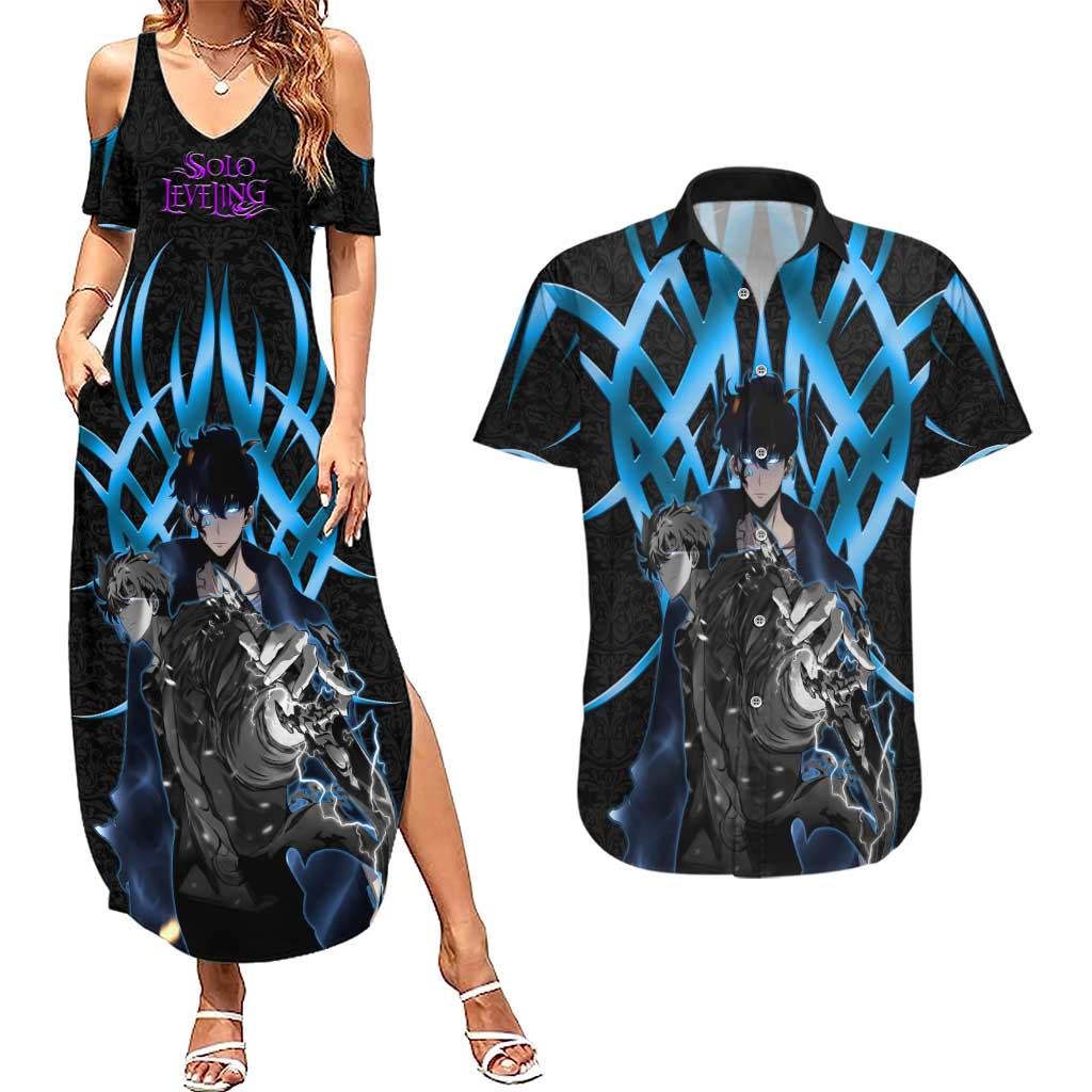 Sung Jin Woo Solo Leveling Couples Matching Summer Maxi Dress and Hawaiian Shirt Neon Shadowcore Anime Style