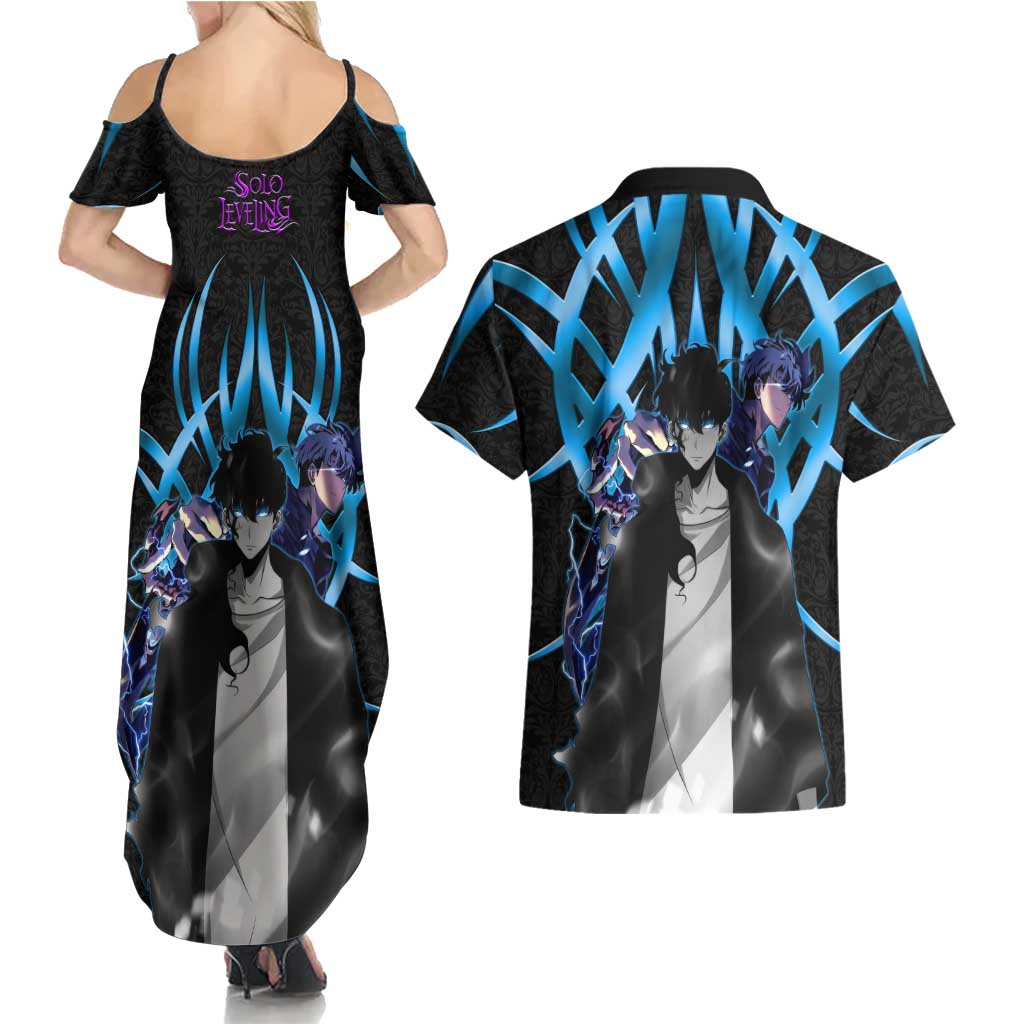 Sung Jin Woo Solo Leveling Couples Matching Summer Maxi Dress and Hawaiian Shirt Neon Shadowcore Anime Style