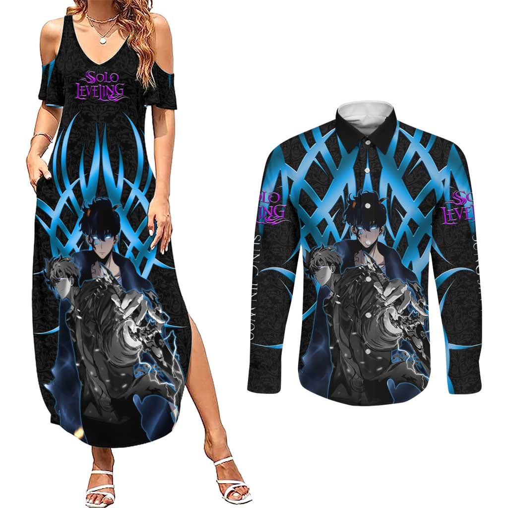 Sung Jin Woo Solo Leveling Couples Matching Summer Maxi Dress and Long Sleeve Button Shirt Neon Shadowcore Anime Style