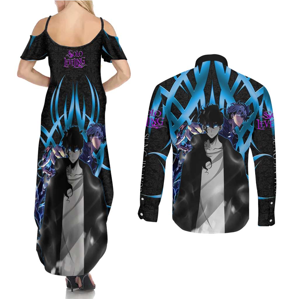 Sung Jin Woo Solo Leveling Couples Matching Summer Maxi Dress and Long Sleeve Button Shirt Neon Shadowcore Anime Style