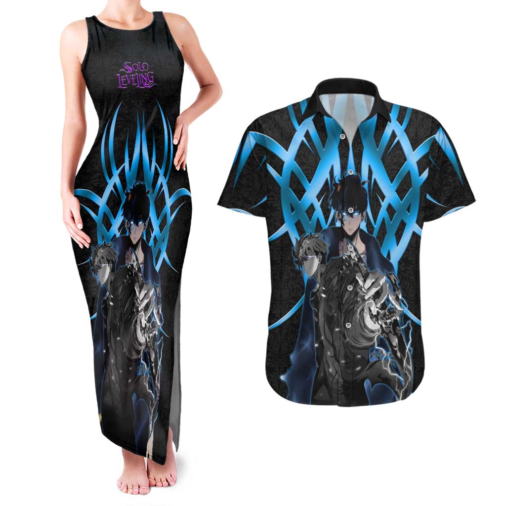 Sung Jin Woo Solo Leveling Couples Matching Tank Maxi Dress and Hawaiian Shirt Neon Shadowcore Anime Style