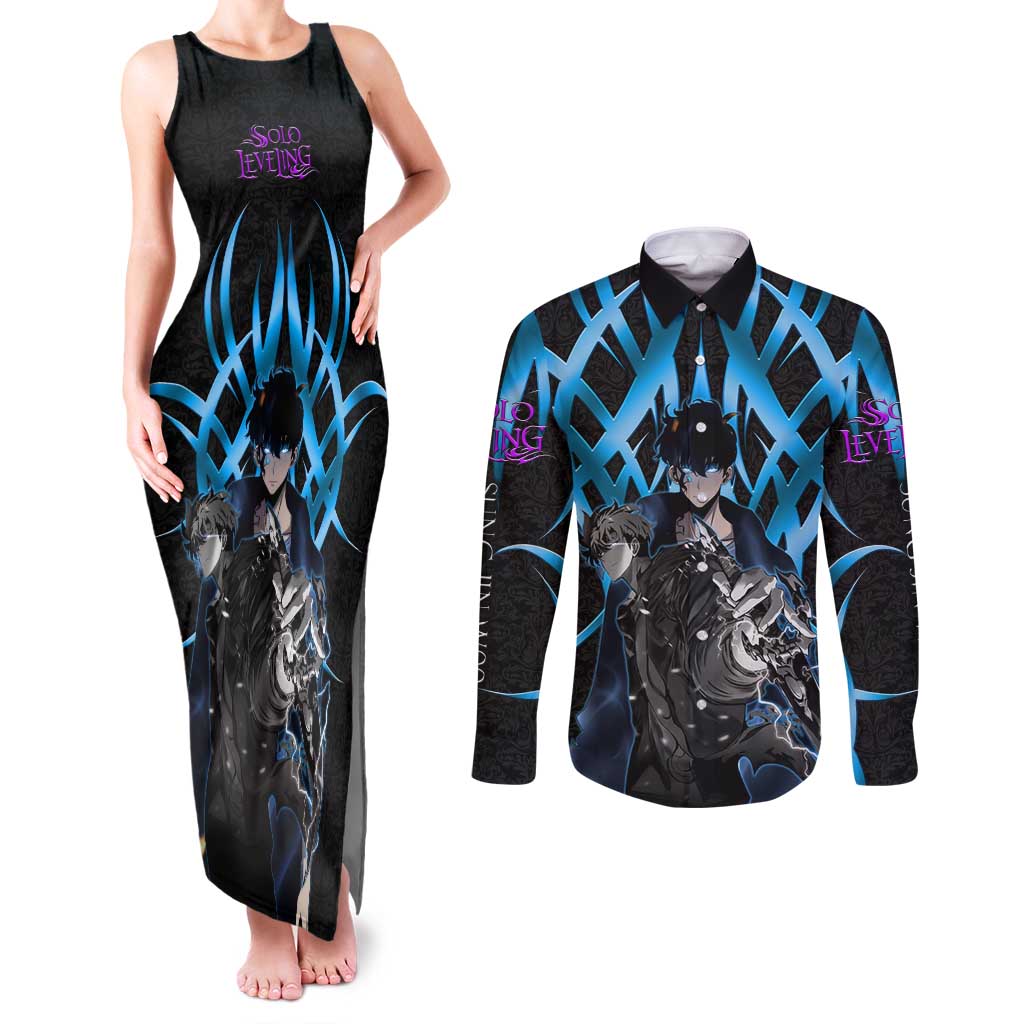 Sung Jin Woo Solo Leveling Couples Matching Tank Maxi Dress and Long Sleeve Button Shirt Neon Shadowcore Anime Style