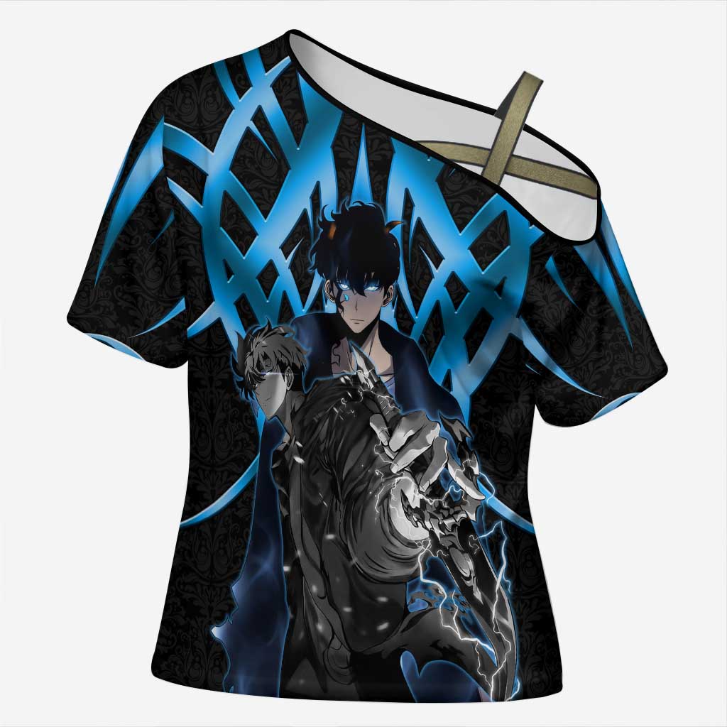 Sung Jin Woo Solo Leveling Cross Shoulder Shirt Neon Shadowcore Anime Style