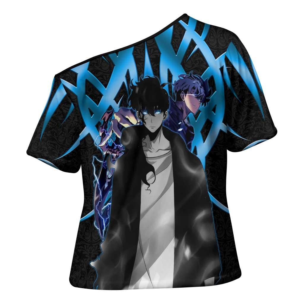 Sung Jin Woo Solo Leveling Cross Shoulder Shirt Neon Shadowcore Anime Style