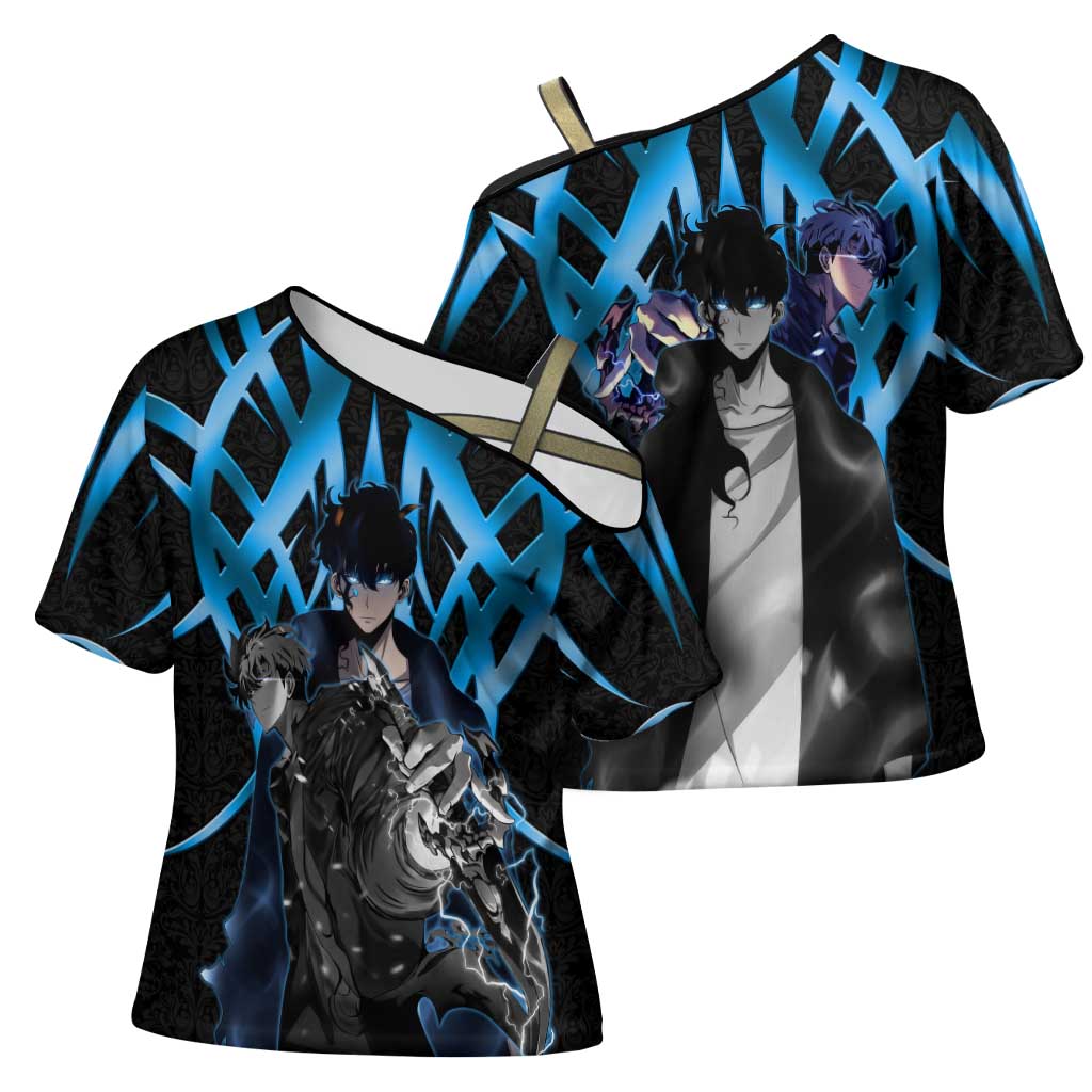 Sung Jin Woo Solo Leveling Cross Shoulder Shirt Neon Shadowcore Anime Style