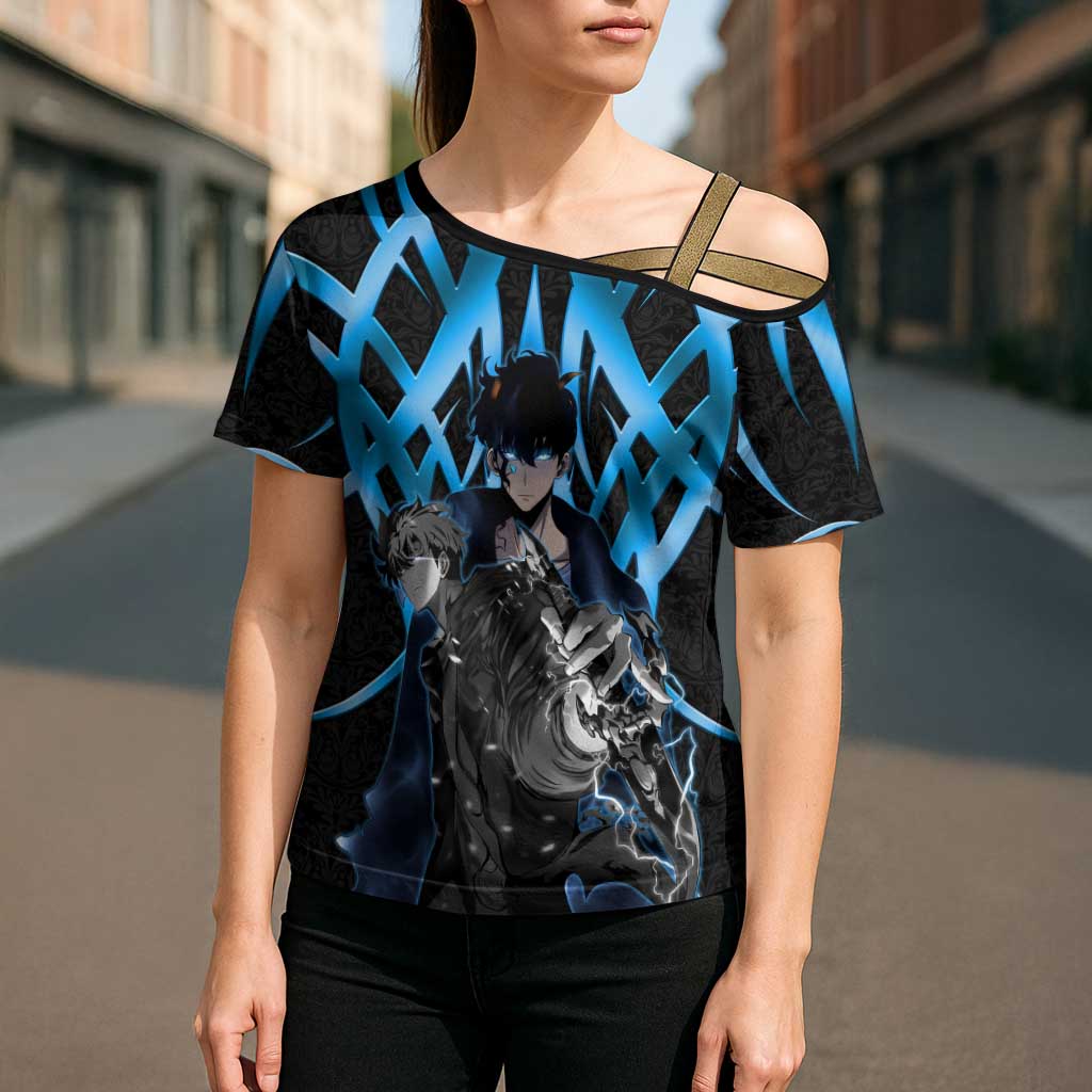 Sung Jin Woo Solo Leveling Cross Shoulder Shirt Neon Shadowcore Anime Style