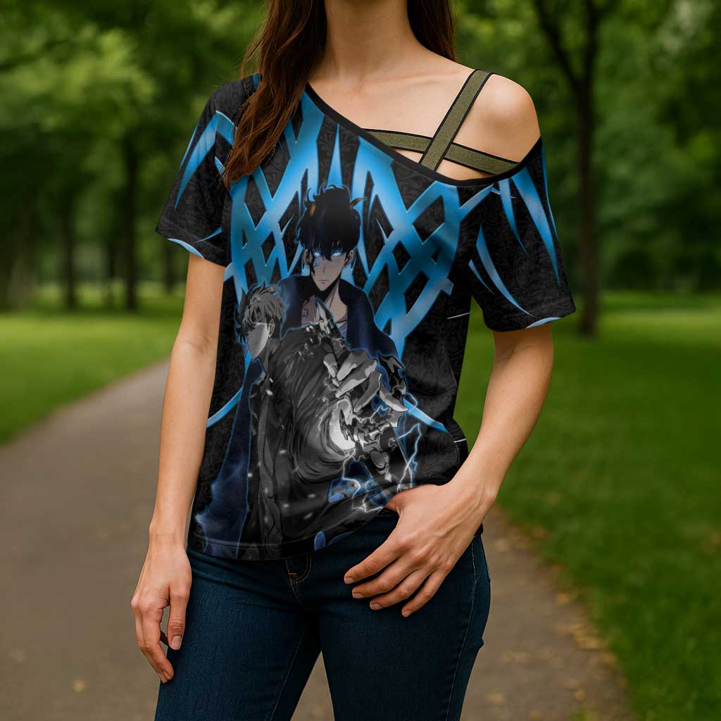Sung Jin Woo Solo Leveling Cross Shoulder Shirt Neon Shadowcore Anime Style