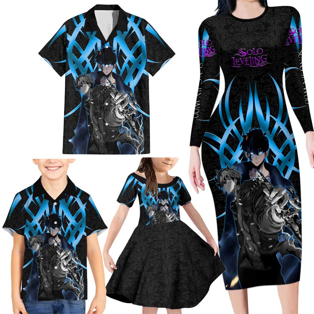 Sung Jin Woo Solo Leveling Family Matching Long Sleeve Bodycon Dress and Hawaiian Shirt Neon Shadowcore Anime Style