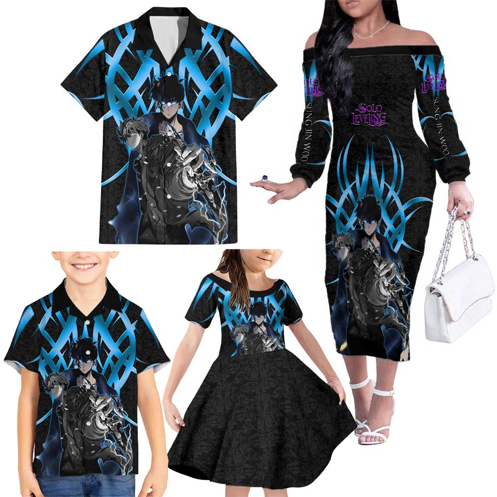 Sung Jin Woo Solo Leveling Family Matching Off The Shoulder Long Sleeve Dress and Hawaiian Shirt Neon Shadowcore Anime Style