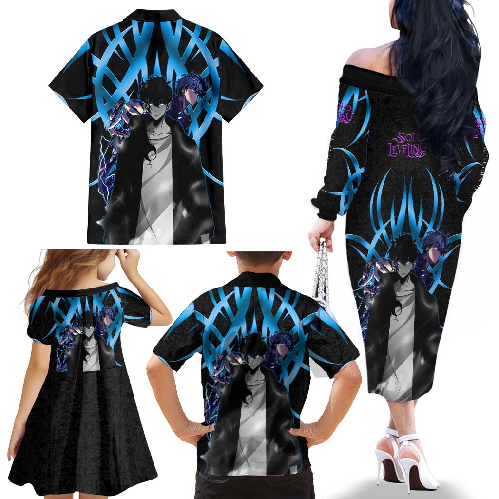 Sung Jin Woo Solo Leveling Family Matching Off The Shoulder Long Sleeve Dress and Hawaiian Shirt Neon Shadowcore Anime Style