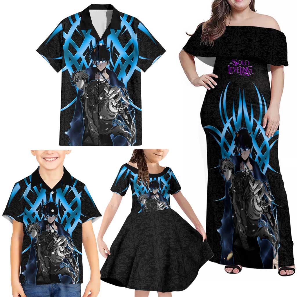 Sung Jin Woo Solo Leveling Family Matching Off Shoulder Maxi Dress and Hawaiian Shirt Neon Shadowcore Anime Style