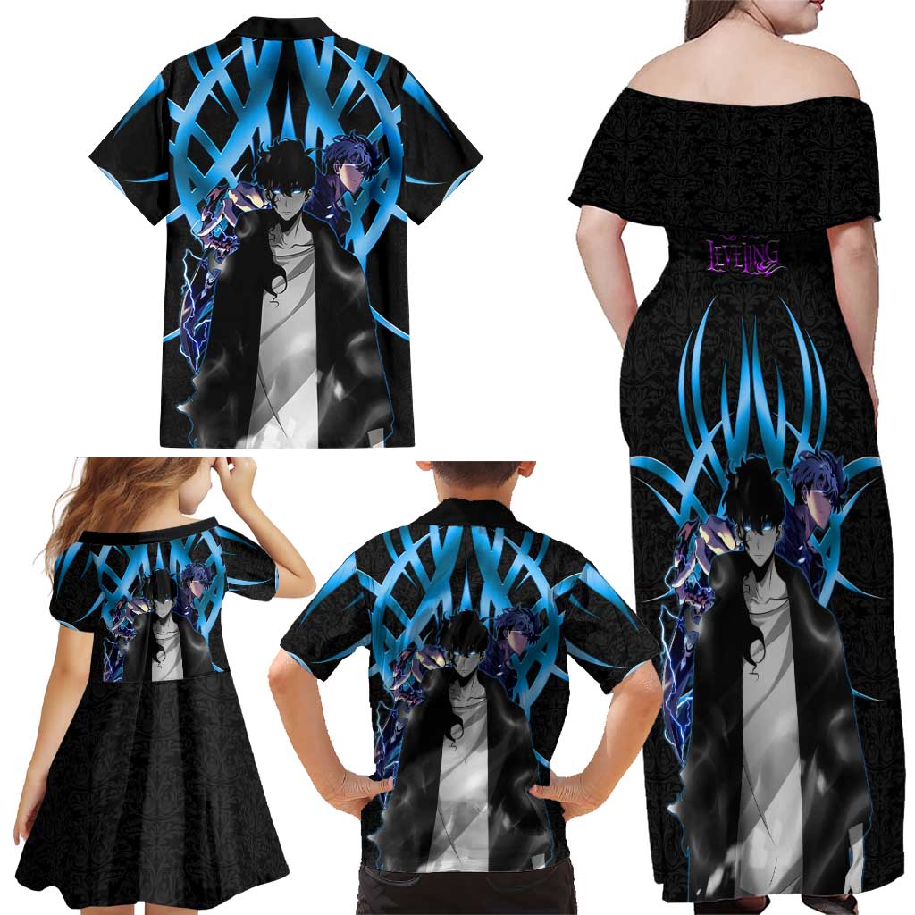 Sung Jin Woo Solo Leveling Family Matching Off Shoulder Maxi Dress and Hawaiian Shirt Neon Shadowcore Anime Style