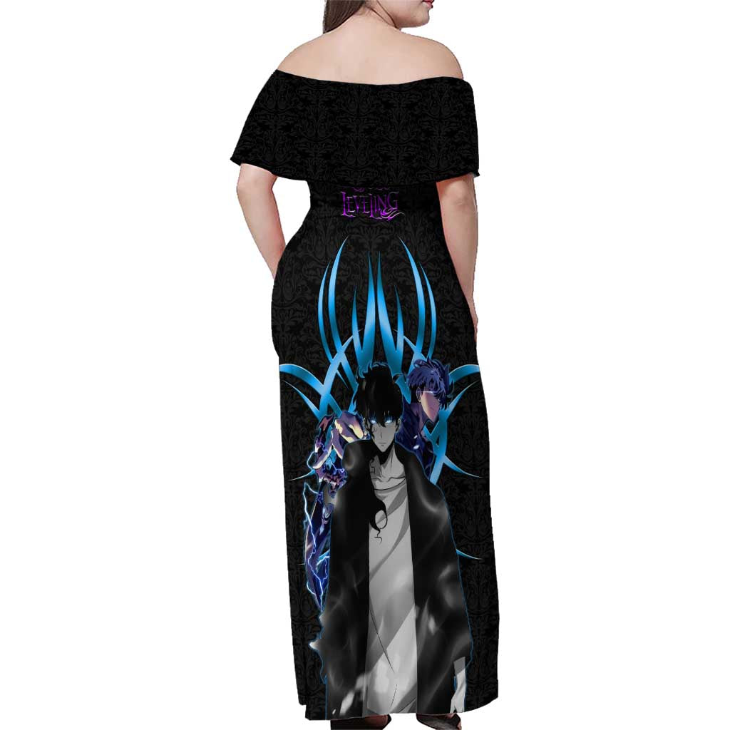 Sung Jin Woo Solo Leveling Family Matching Off Shoulder Maxi Dress and Hawaiian Shirt Neon Shadowcore Anime Style
