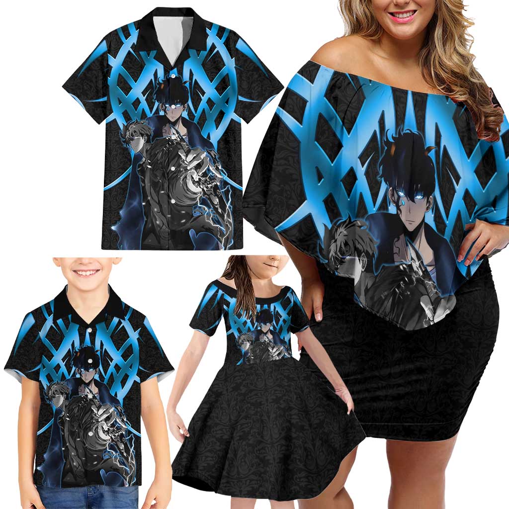 Sung Jin Woo Solo Leveling Family Matching Off Shoulder Short Dress and Hawaiian Shirt Neon Shadowcore Anime Style