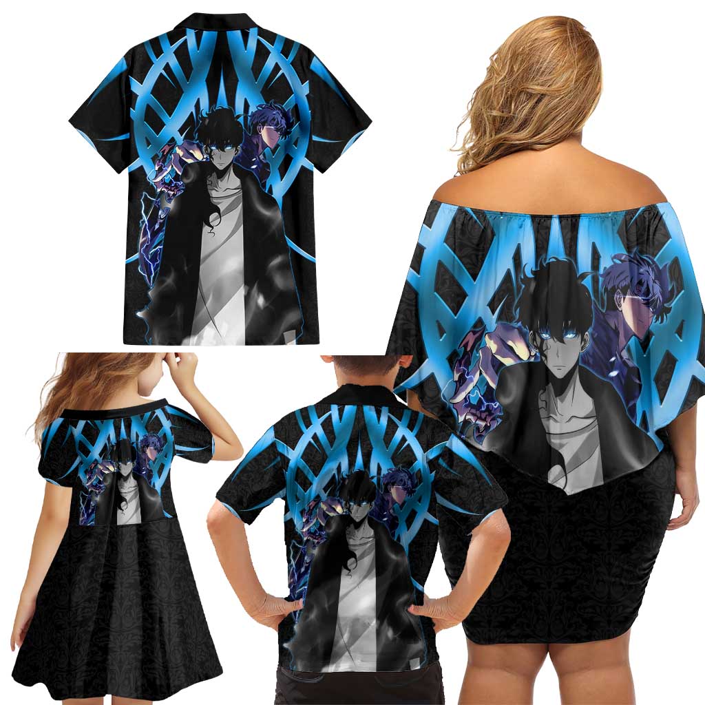 Sung Jin Woo Solo Leveling Family Matching Off Shoulder Short Dress and Hawaiian Shirt Neon Shadowcore Anime Style
