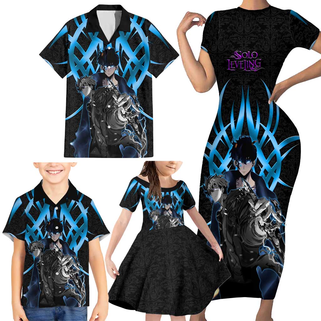 Sung Jin Woo Solo Leveling Family Matching Short Sleeve Bodycon Dress and Hawaiian Shirt Neon Shadowcore Anime Style