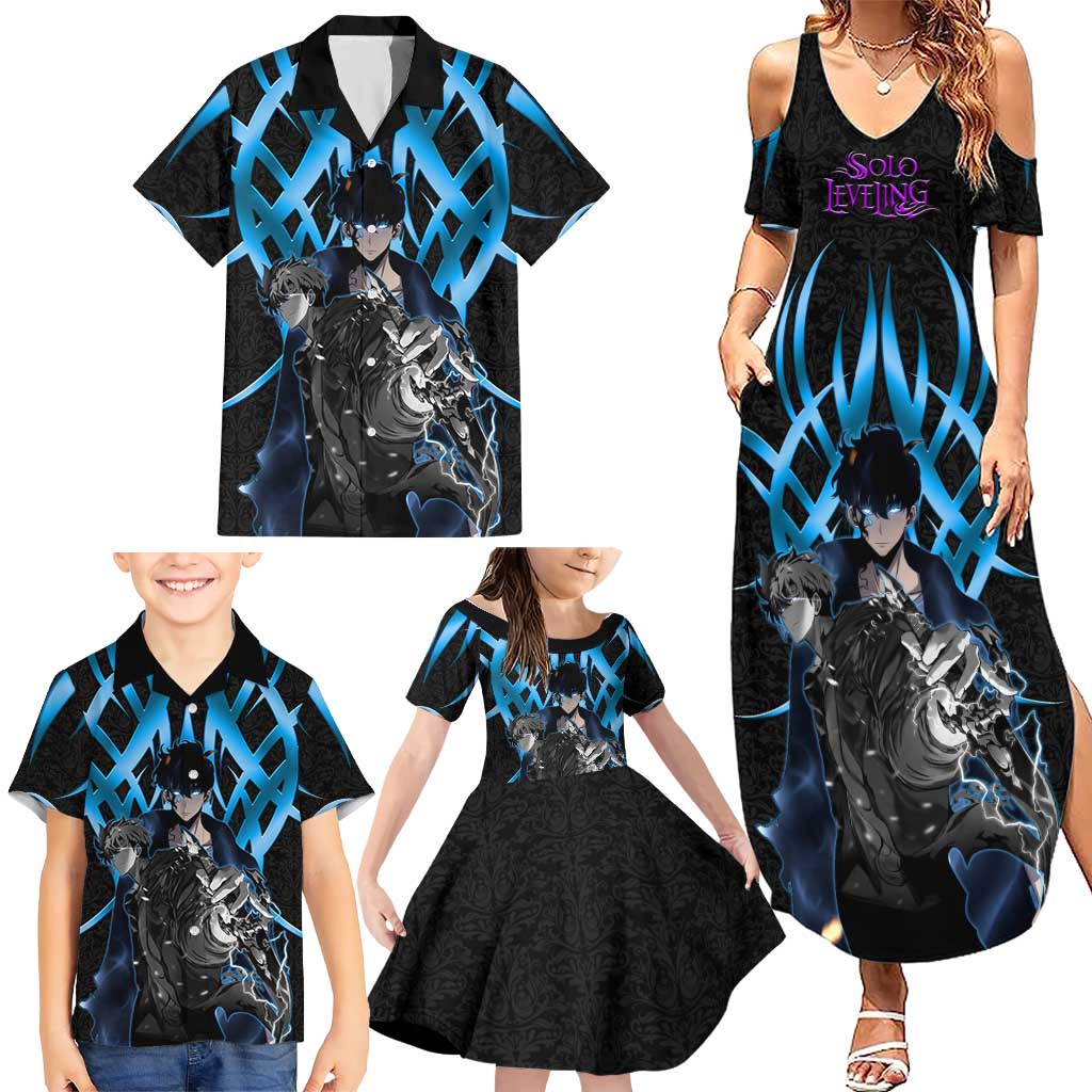 Sung Jin Woo Solo Leveling Family Matching Summer Maxi Dress and Hawaiian Shirt Neon Shadowcore Anime Style