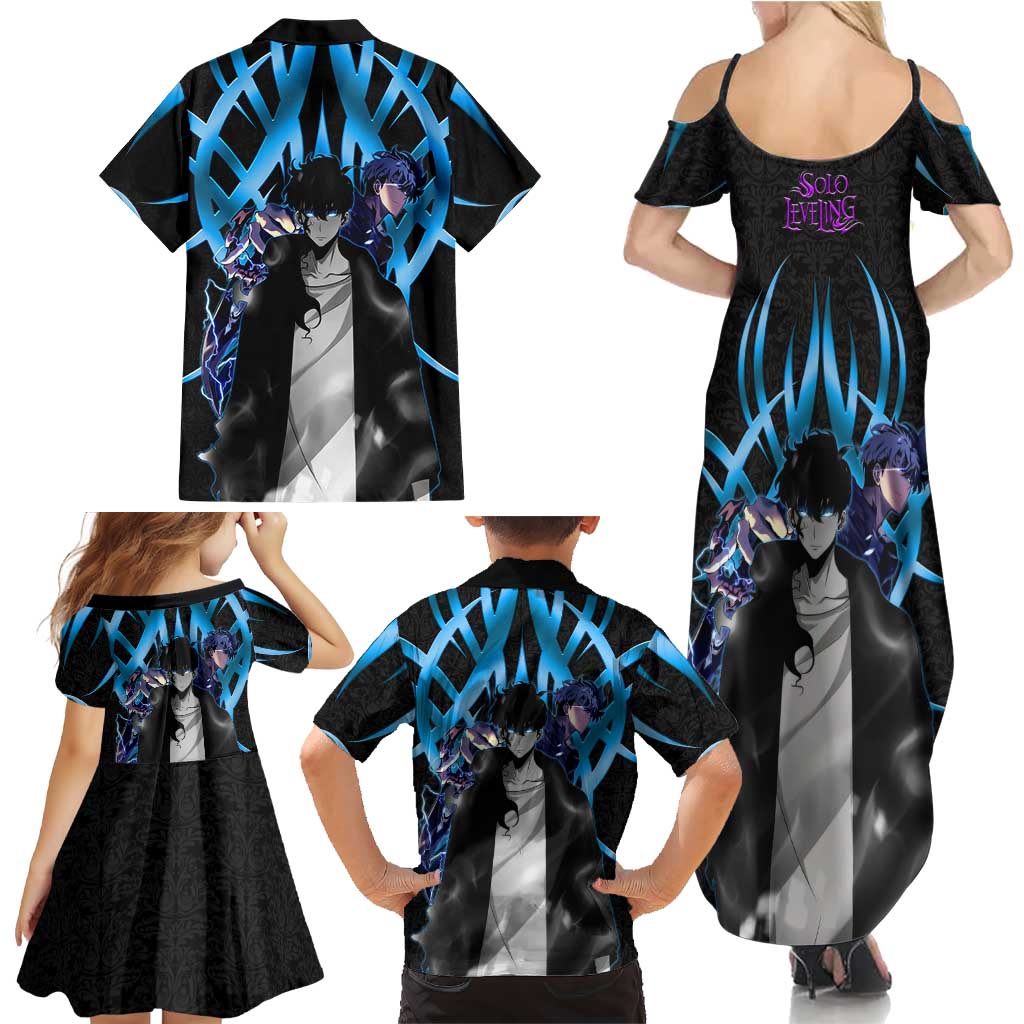 Sung Jin Woo Solo Leveling Family Matching Summer Maxi Dress and Hawaiian Shirt Neon Shadowcore Anime Style