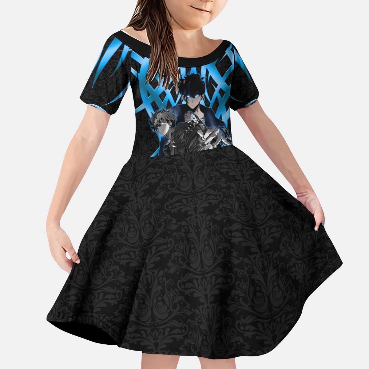 Sung Jin Woo Solo Leveling Kid Short Sleeve Dress Neon Shadowcore Anime Style