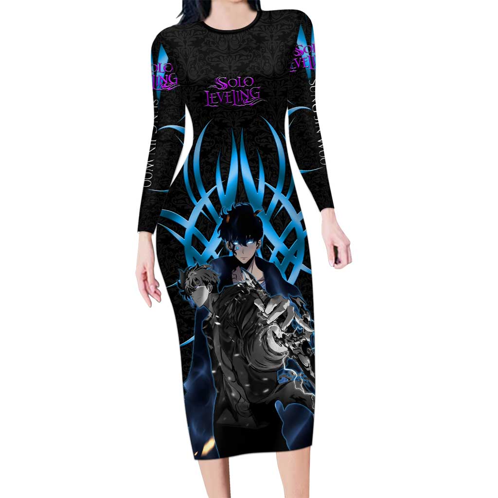 Sung Jin Woo Solo Leveling Long Sleeve Bodycon Dress Neon Shadowcore Anime Style