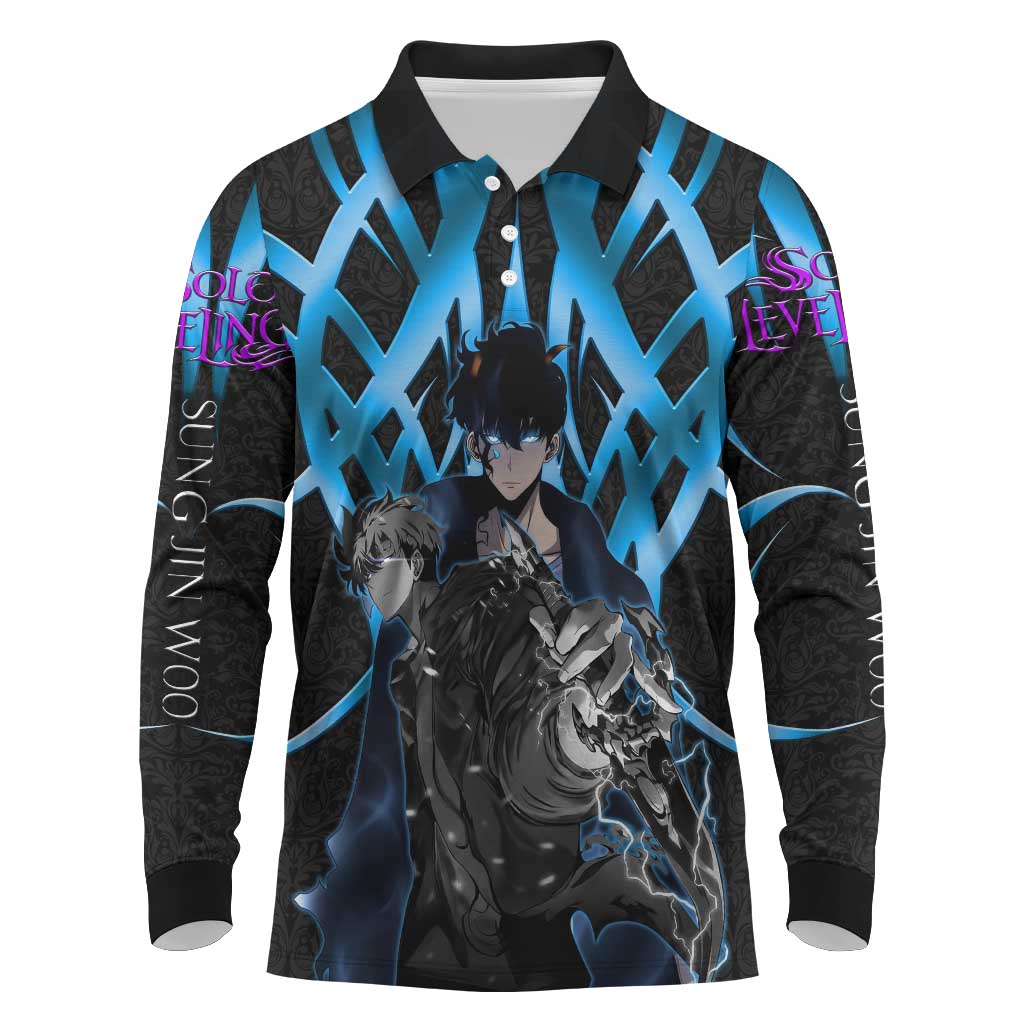 Sung Jin Woo Solo Leveling Long Sleeve Polo Shirt Neon Shadowcore Anime Style