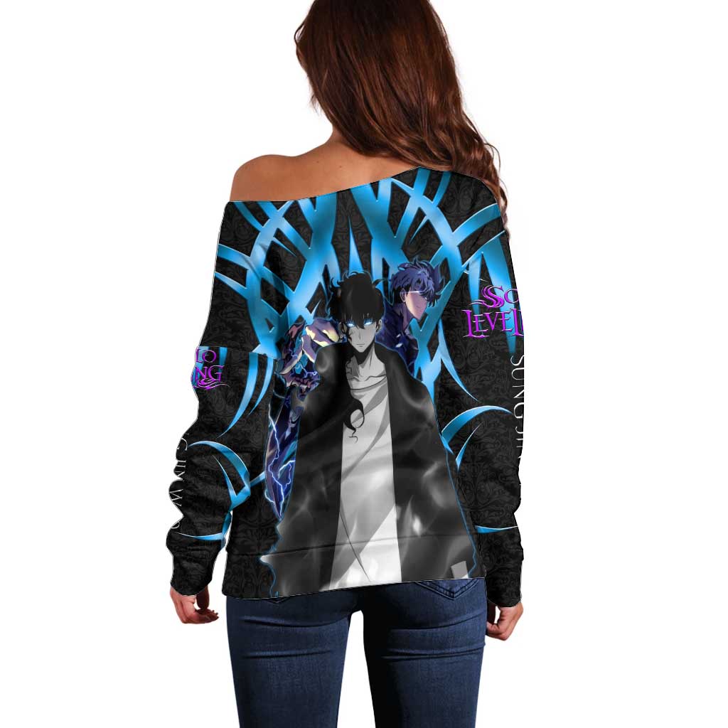 Sung Jin Woo Solo Leveling Off Shoulder Sweater Neon Shadowcore Anime Style