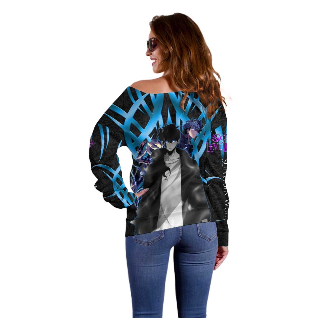 Sung Jin Woo Solo Leveling Off Shoulder Sweater Neon Shadowcore Anime Style