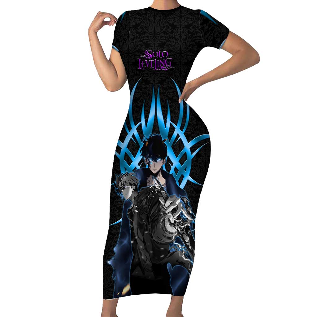 Sung Jin Woo Solo Leveling Short Sleeve Bodycon Dress Neon Shadowcore Anime Style
