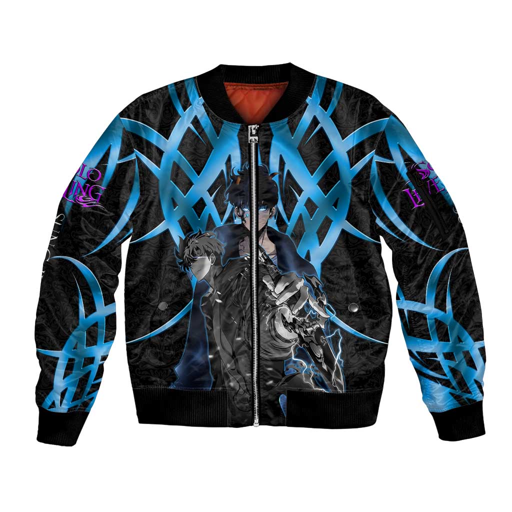 Sung Jin Woo Solo Leveling Sleeve Zip Bomber Jacket Neon Shadowcore Anime Style