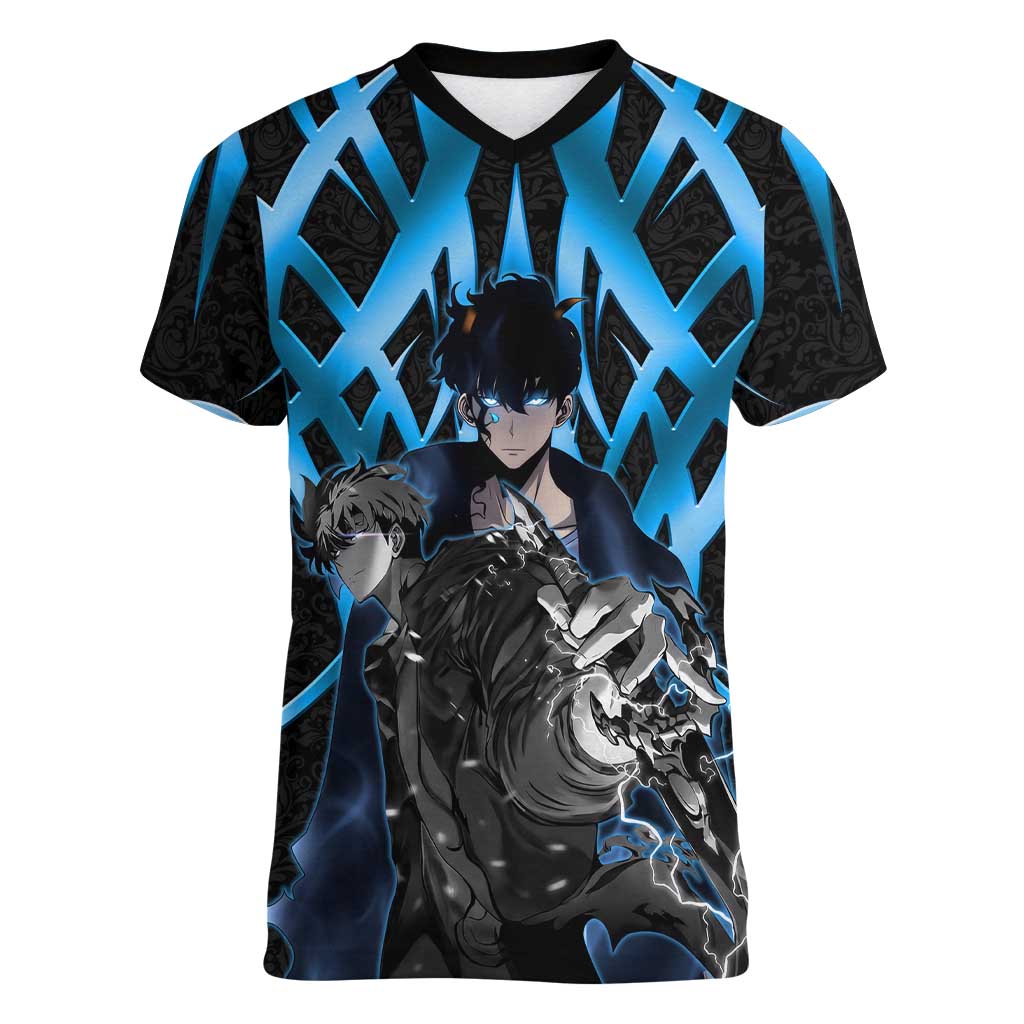 Sung Jin Woo Solo Leveling Women V-Neck T-Shirt Neon Shadowcore Anime Style