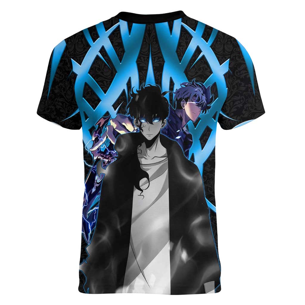 Sung Jin Woo Solo Leveling Women V-Neck T-Shirt Neon Shadowcore Anime Style