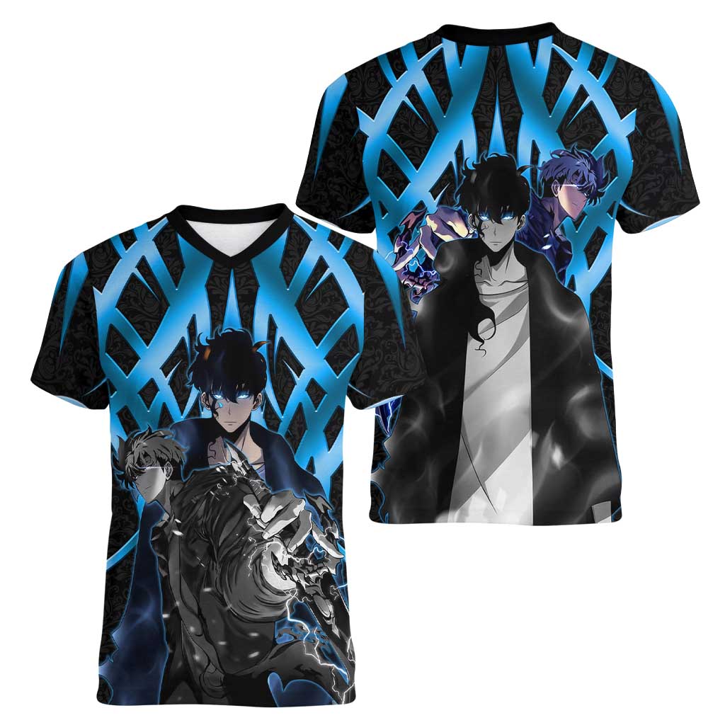 Sung Jin Woo Solo Leveling Women V-Neck T-Shirt Neon Shadowcore Anime Style