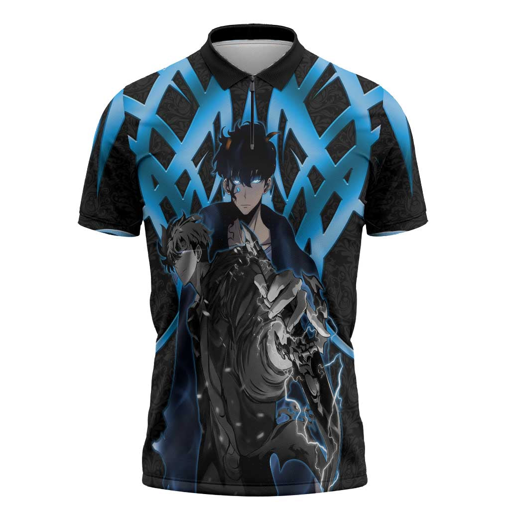 Sung Jin Woo Solo Leveling Zipper Polo Shirt Neon Shadowcore Anime Style