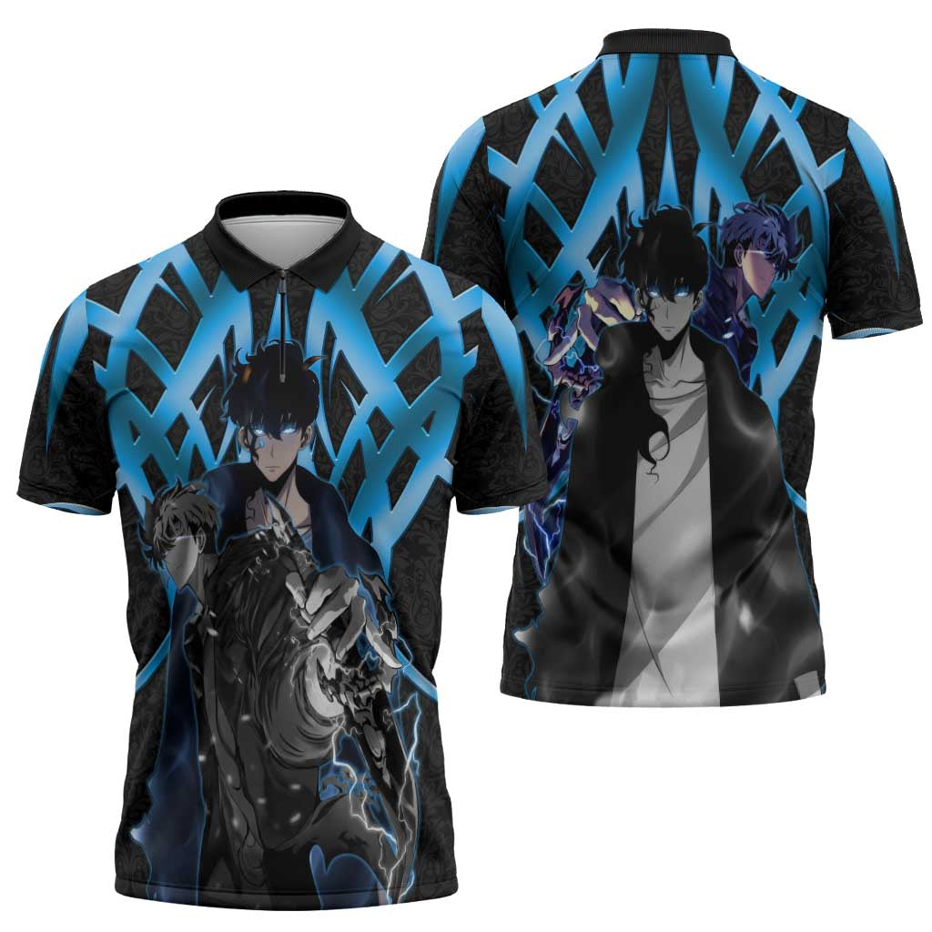 Sung Jin Woo Solo Leveling Zipper Polo Shirt Neon Shadowcore Anime Style
