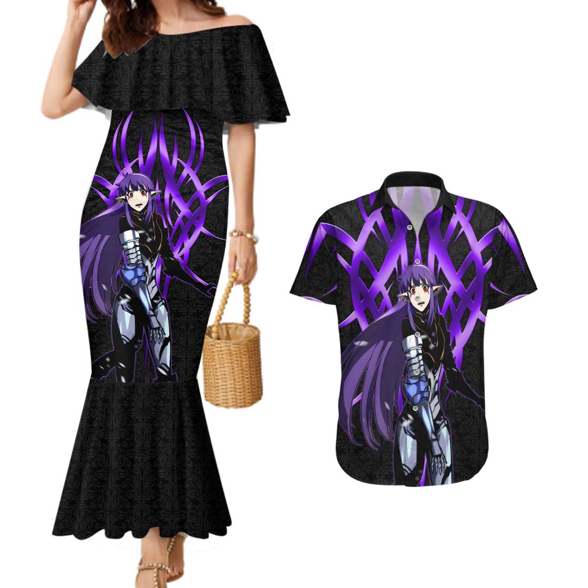 Esil Radiru Solo Leveling Couples Matching Mermaid Dress and Hawaiian Shirt Cyber Gothic Anime Style