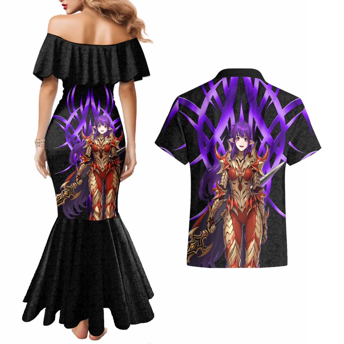 Esil Radiru Solo Leveling Couples Matching Mermaid Dress and Hawaiian Shirt Cyber Gothic Anime Style