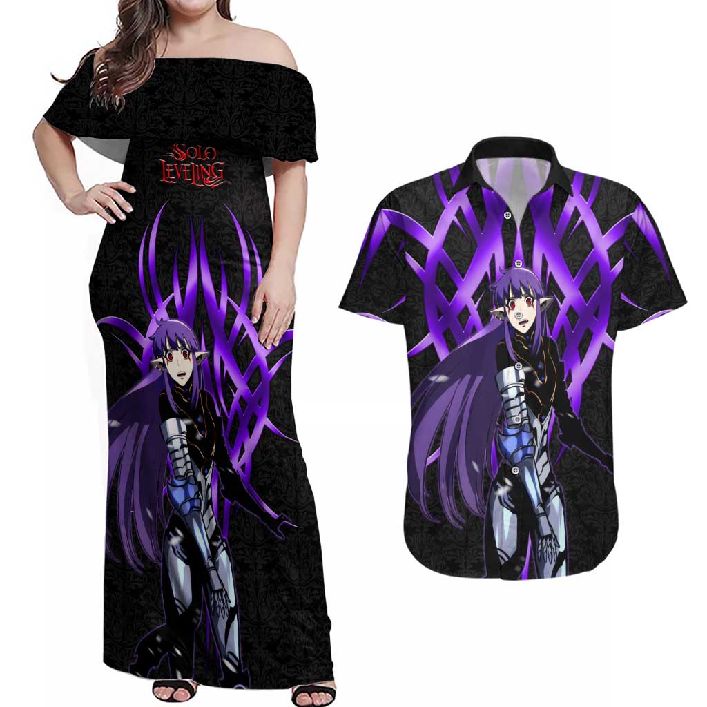 Esil Radiru Solo Leveling Couples Matching Off Shoulder Maxi Dress and Hawaiian Shirt Cyber Gothic Anime Style