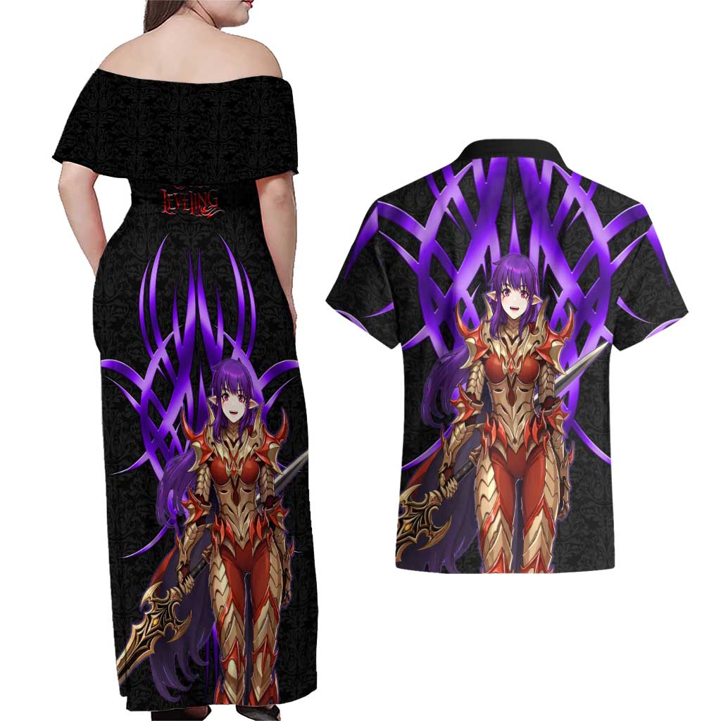 Esil Radiru Solo Leveling Couples Matching Off Shoulder Maxi Dress and Hawaiian Shirt Cyber Gothic Anime Style