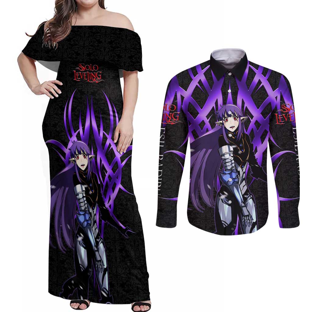 Esil Radiru Solo Leveling Couples Matching Off Shoulder Maxi Dress and Long Sleeve Button Shirt Cyber Gothic Anime Style