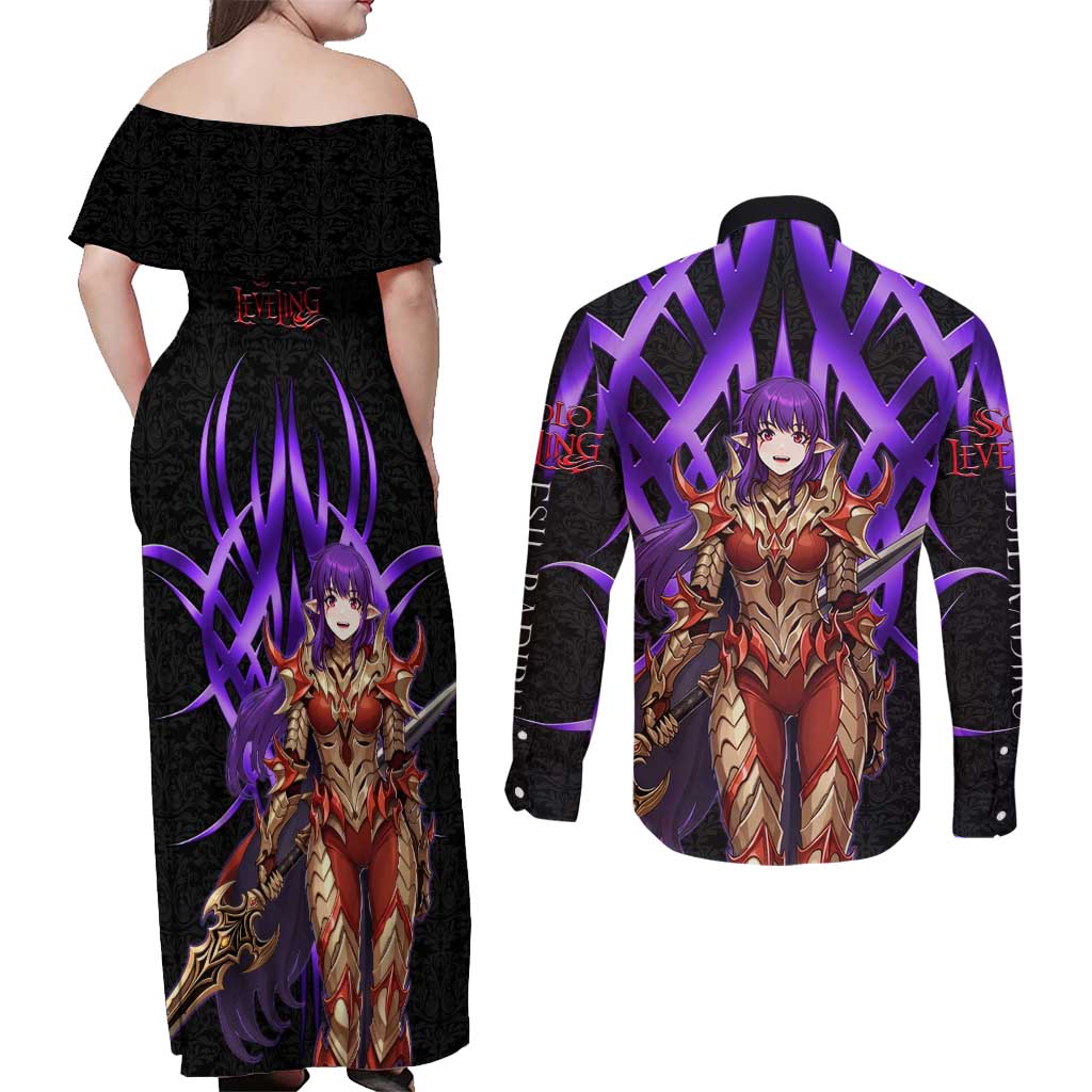 Esil Radiru Solo Leveling Couples Matching Off Shoulder Maxi Dress and Long Sleeve Button Shirt Cyber Gothic Anime Style