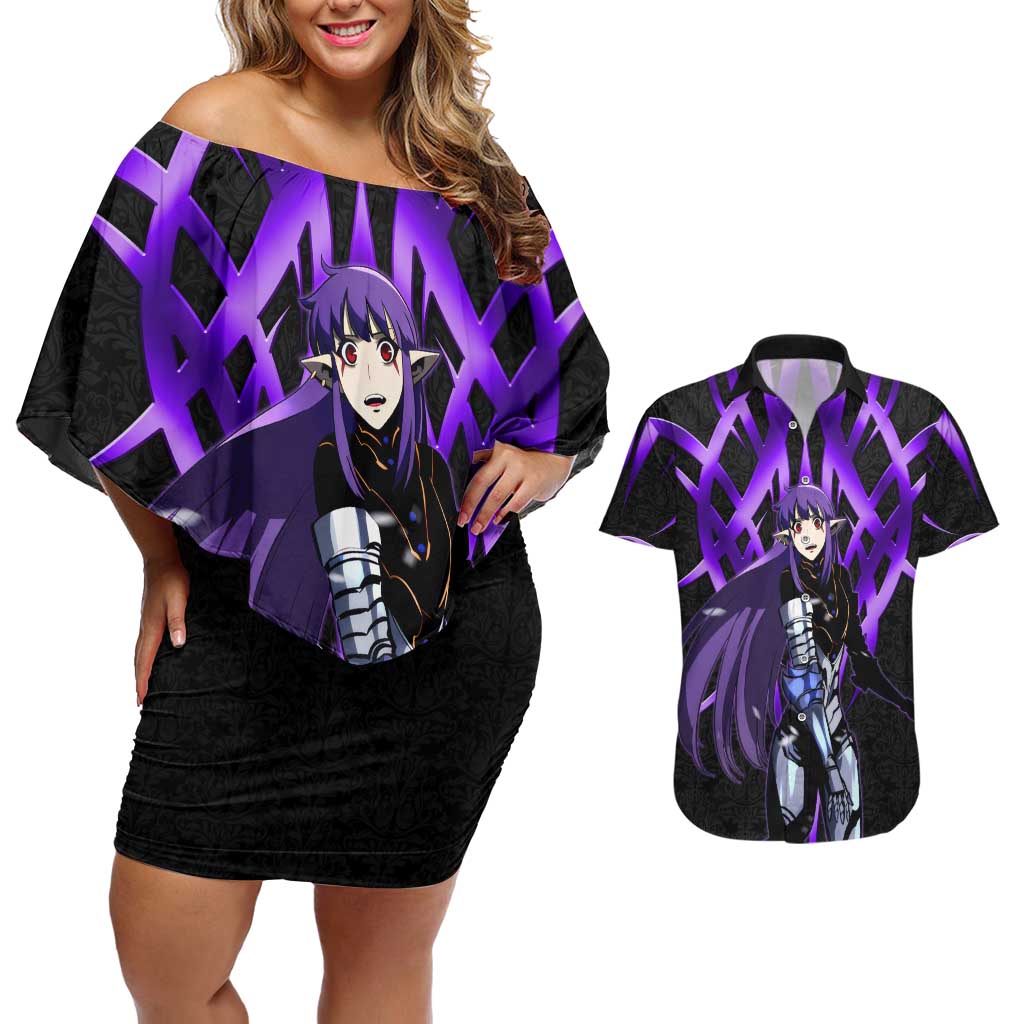 Esil Radiru Solo Leveling Couples Matching Off Shoulder Short Dress and Hawaiian Shirt Cyber Gothic Anime Style