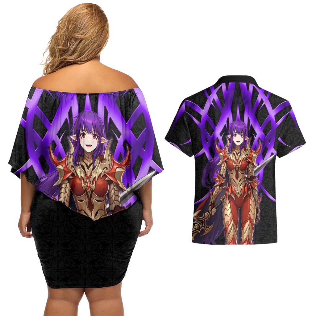 Esil Radiru Solo Leveling Couples Matching Off Shoulder Short Dress and Hawaiian Shirt Cyber Gothic Anime Style