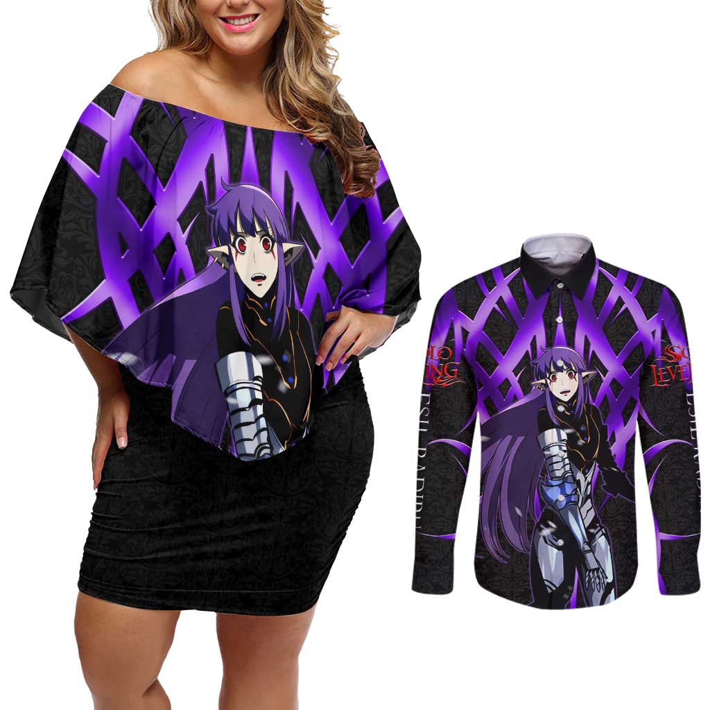 Esil Radiru Solo Leveling Couples Matching Off Shoulder Short Dress and Long Sleeve Button Shirt Cyber Gothic Anime Style