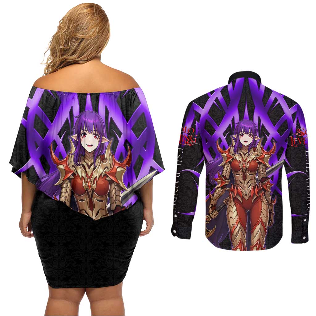 Esil Radiru Solo Leveling Couples Matching Off Shoulder Short Dress and Long Sleeve Button Shirt Cyber Gothic Anime Style