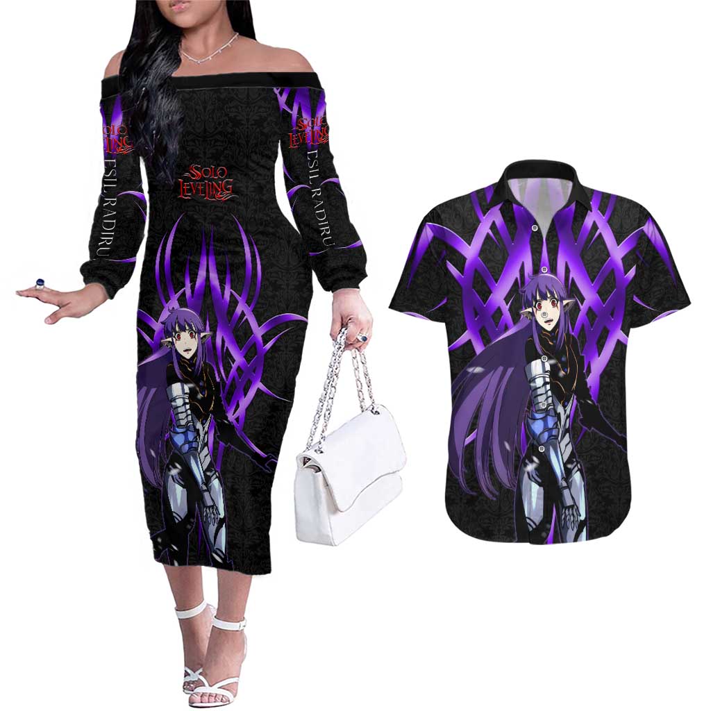 Esil Radiru Solo Leveling Couples Matching Off The Shoulder Long Sleeve Dress and Hawaiian Shirt Cyber Gothic Anime Style