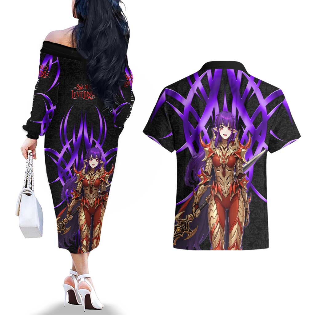 Esil Radiru Solo Leveling Couples Matching Off The Shoulder Long Sleeve Dress and Hawaiian Shirt Cyber Gothic Anime Style