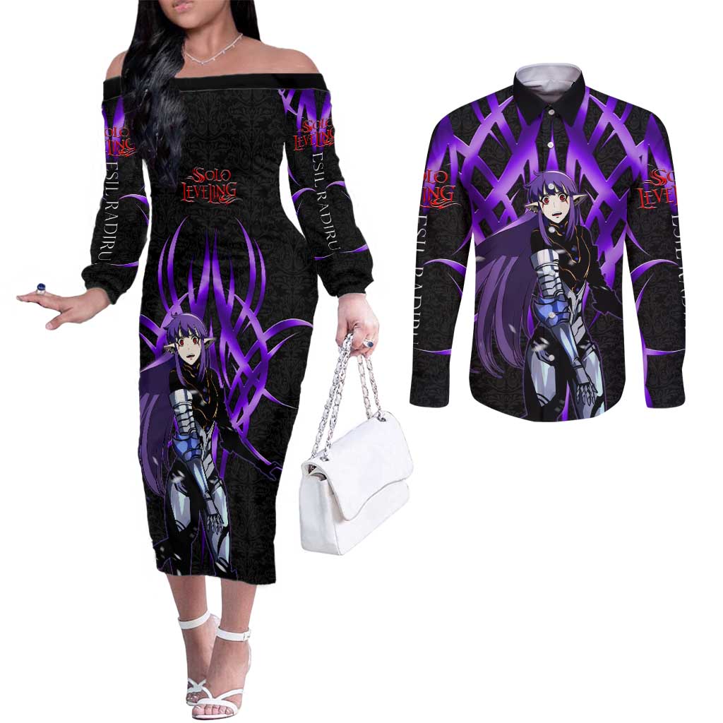 Esil Radiru Solo Leveling Couples Matching Off The Shoulder Long Sleeve Dress and Long Sleeve Button Shirt Cyber Gothic Anime Style