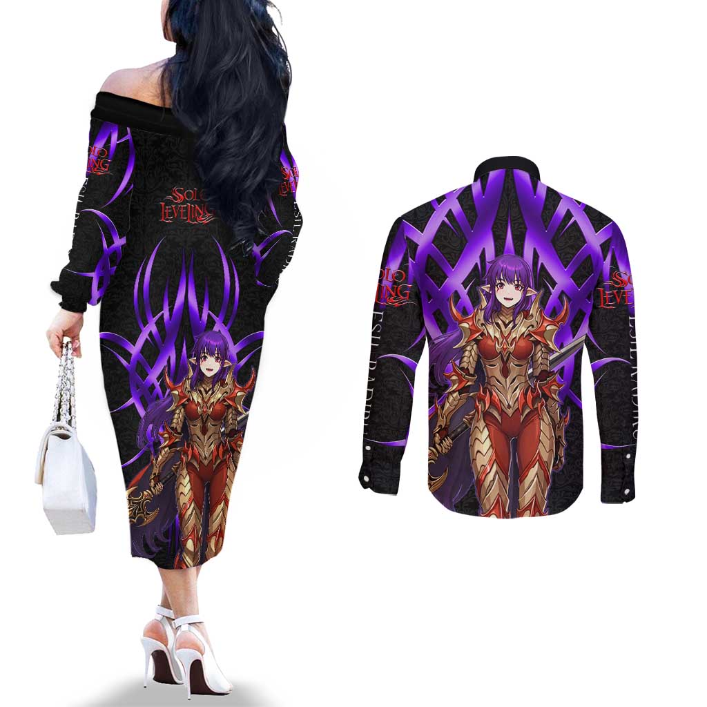 Esil Radiru Solo Leveling Couples Matching Off The Shoulder Long Sleeve Dress and Long Sleeve Button Shirt Cyber Gothic Anime Style