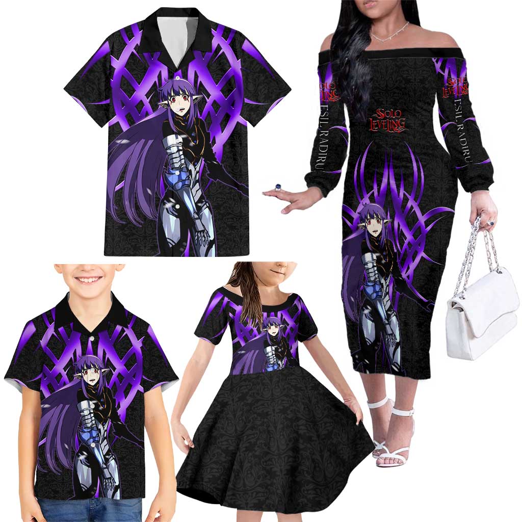 Esil Radiru Solo Leveling Family Matching Off The Shoulder Long Sleeve Dress and Hawaiian Shirt Cyber Gothic Anime Style